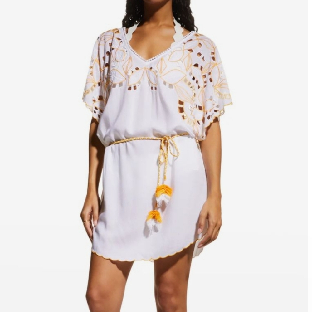 Trina Turk Top, Size XS, VNeck, Flutter Sleeve, Braided Tassel Belt, Scallop Hem